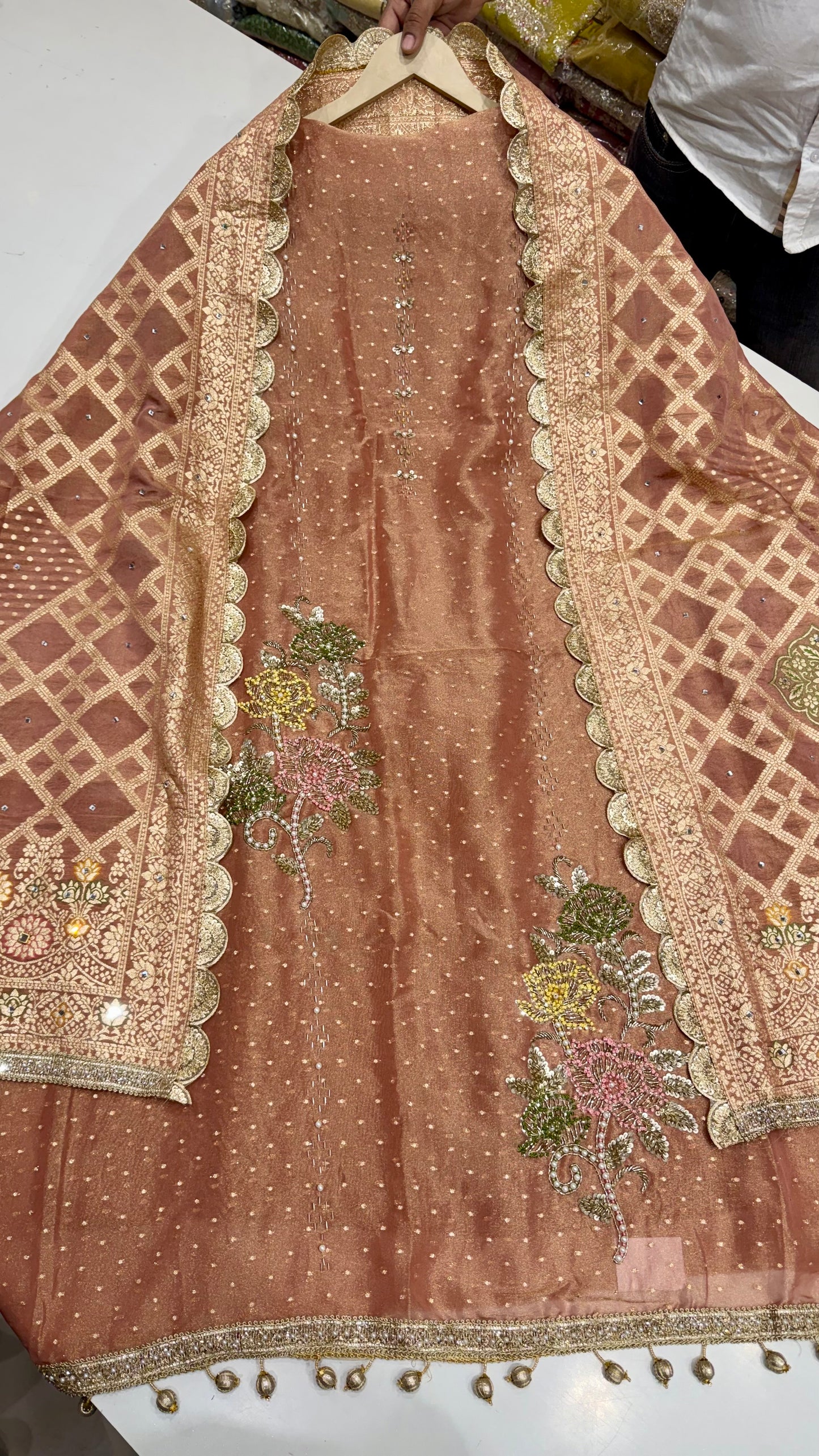 Designer Pure Handloom Tissue Unstitched Suit with Zardozi Handwork & Dupatta