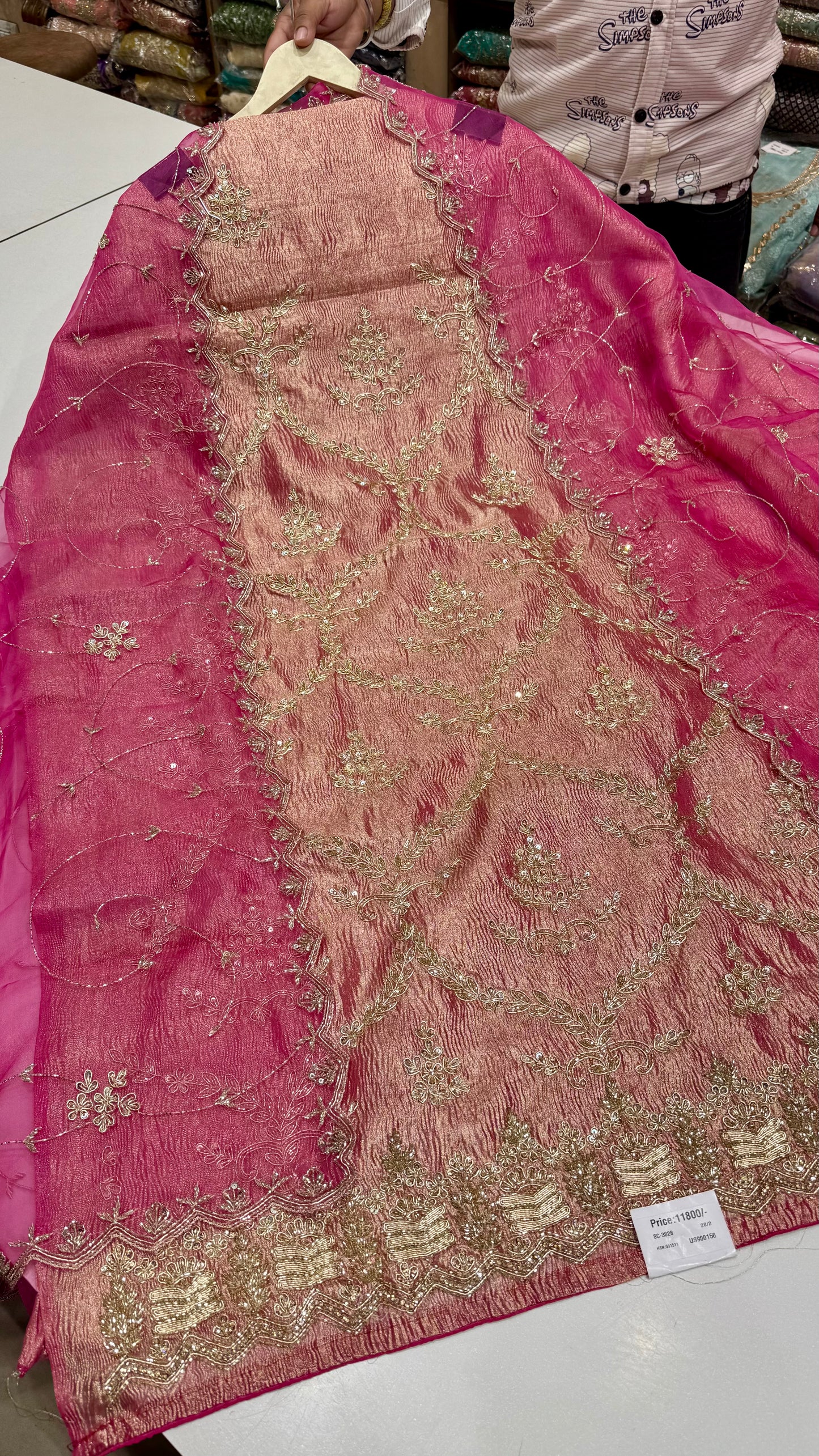 Luxury Rose Pink Pure Crush Tissue Unstitched Suit with Organza Dupatta