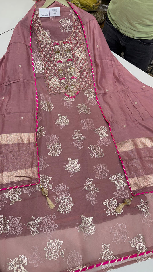 Designer Pure Organza Hand-Embroidered Unstitched Suit with Muslin Dupatta