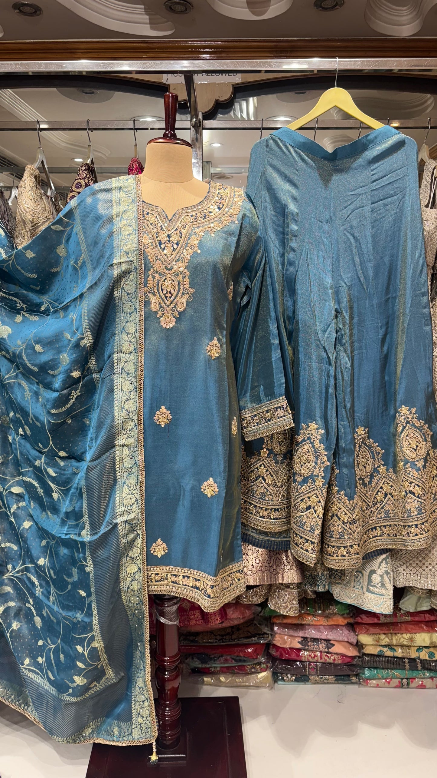 Elegant Teal Tissue Silk Readymade Sharara Suit with Zardozi & Sequin Embroidery