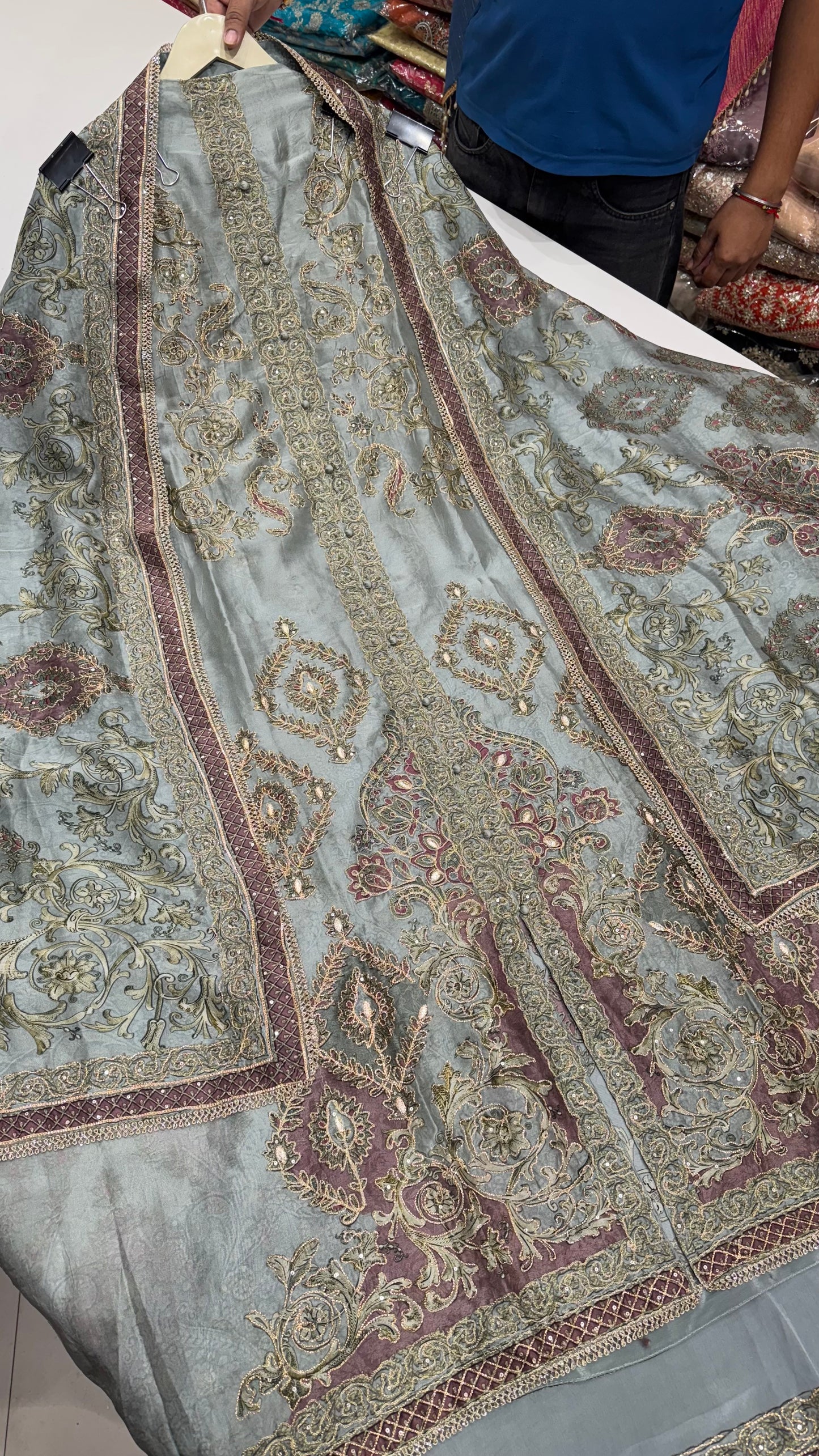 Sabyasachi Inspired Achkan Style Unstitched Suit in Organza Silk