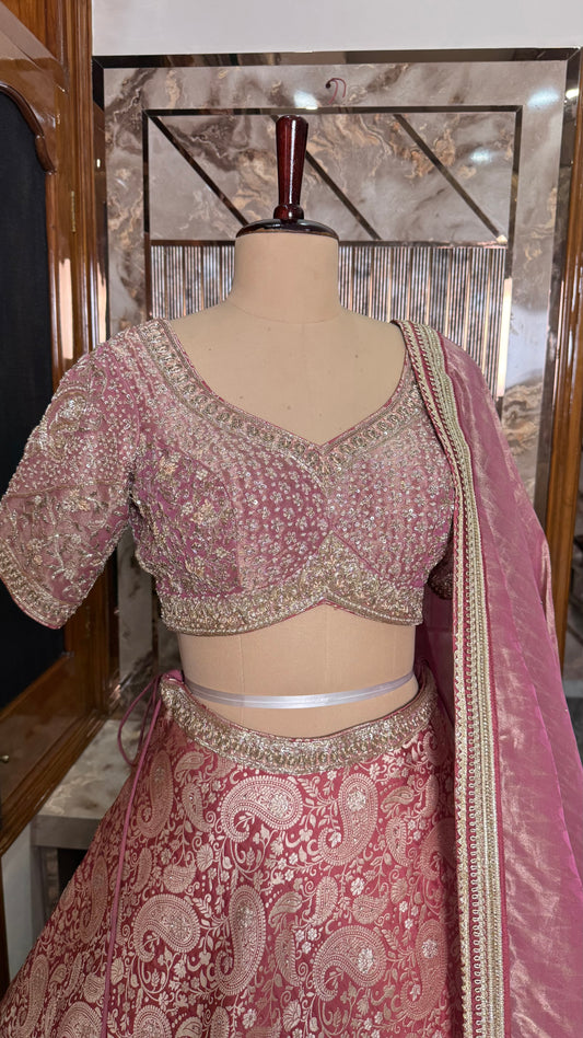 Designer Readymade Pure Tissue & Brocade Zardozi Dabka Lehenga Choli with Dupatta (Free Size up to 42 Bust)
