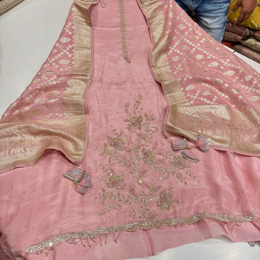 Elegant Unstitched Silk Designer Suit with Intricate Handwork and Banarasi Dupatta