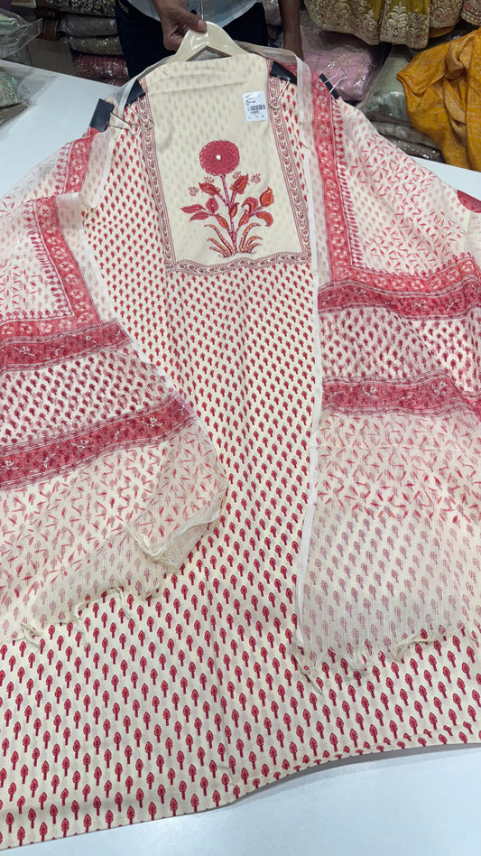 Elegant Pure Cotton Digital Printed Suit with Embroidered Neck | Kota Printed Dupatta & Cream Cotton Bottom