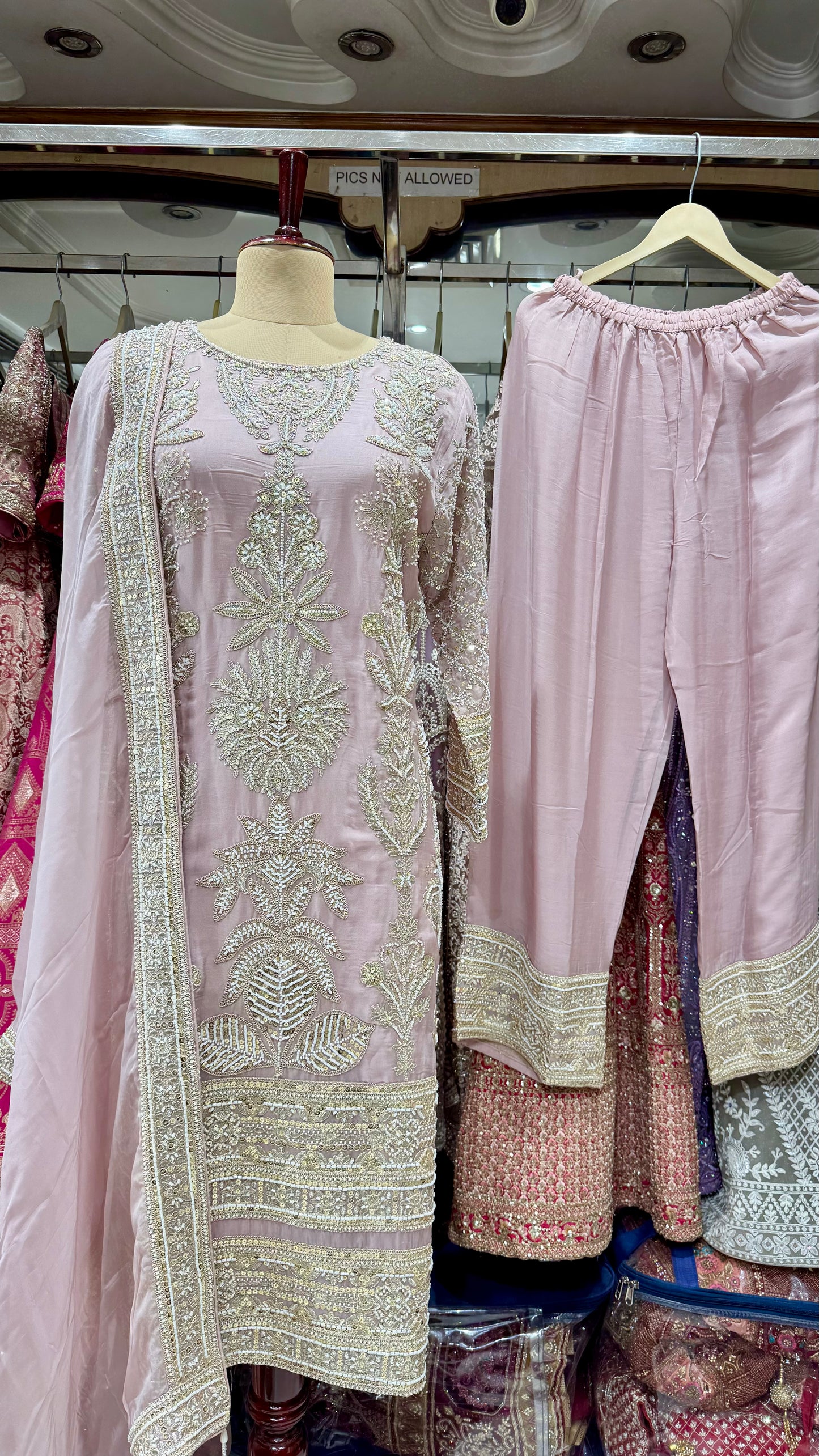 Luxury Readymade Hand Embroidered Organza Pakistani Style Long Suit Set with Embroidered Pants
