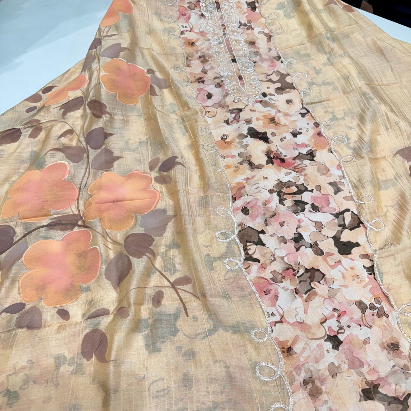 Elegant Pure Cotton Suit with Embroidered Neck & Cutwork Ghera | Hand-Painted Cotton Dupatta Set