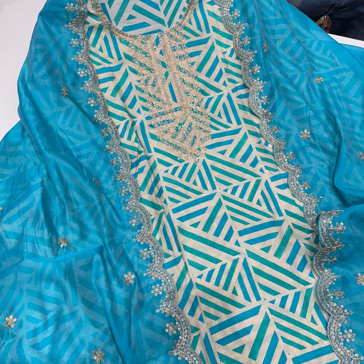 Elegant Geometric Print Modal Cotton Unstitched Suit Set with Embroidered Dupatta – Multiple Color Options ( base color is beige)