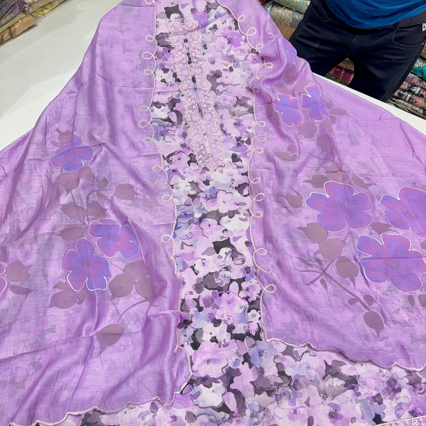 Elegant Pure Cotton Suit with Embroidered Neck & Cutwork Ghera | Hand-Painted Cotton Dupatta Set