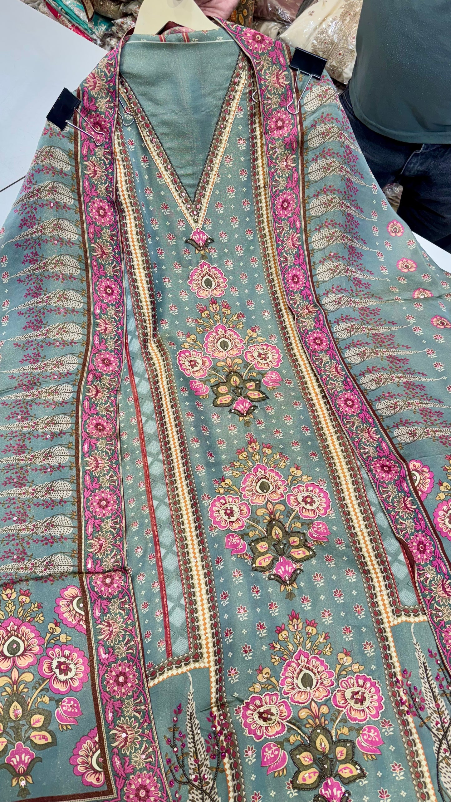 Elegant Satin Silk Unstitched Suit with Printed Dupatta & Hand-Embroidered Pearl Work