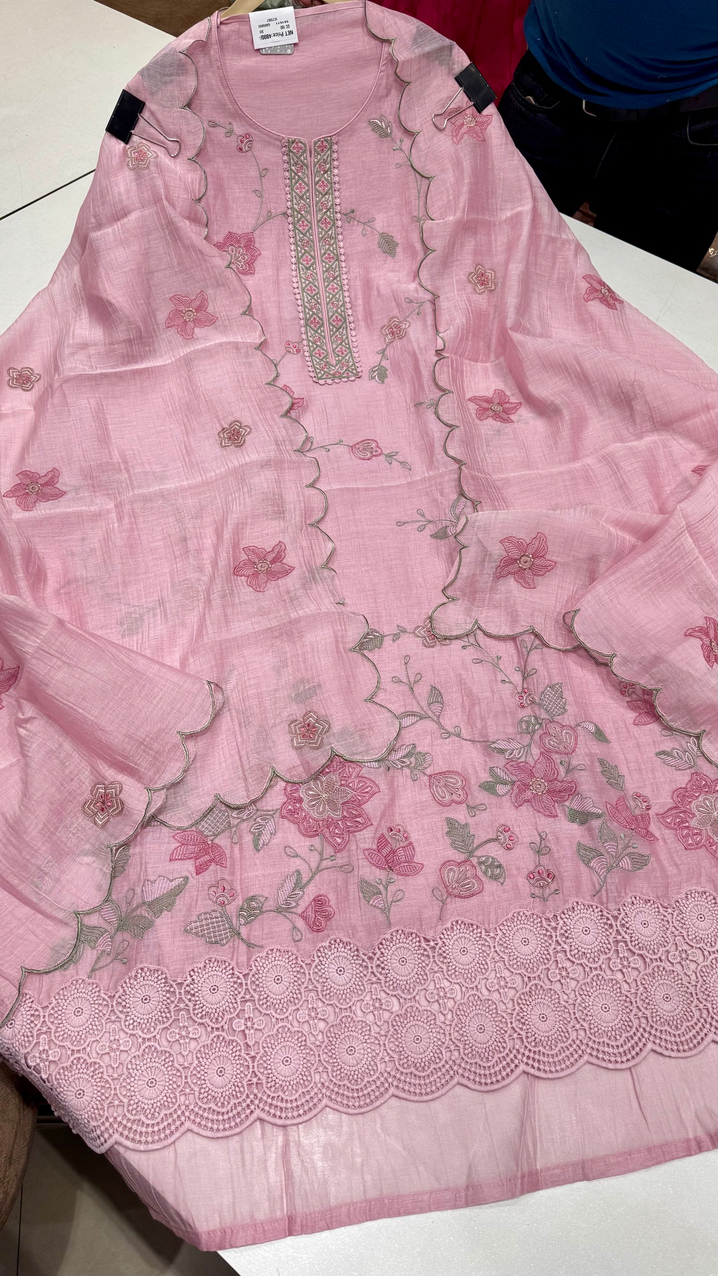 Unstitched Pure Mulmul Thread Embroidered Suit with Designer Cutwork Dupatta & Soft Silk Bottom