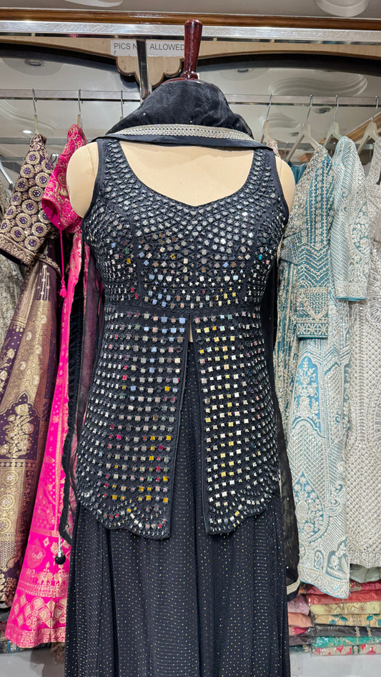 Elegant Black Indo-Western Mirror Work Dress with Sharara