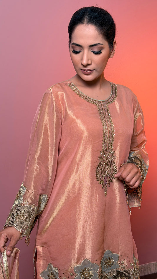 Blush Peach Pure Tissue Handcrafted Zardozi Straight Suit with Pants