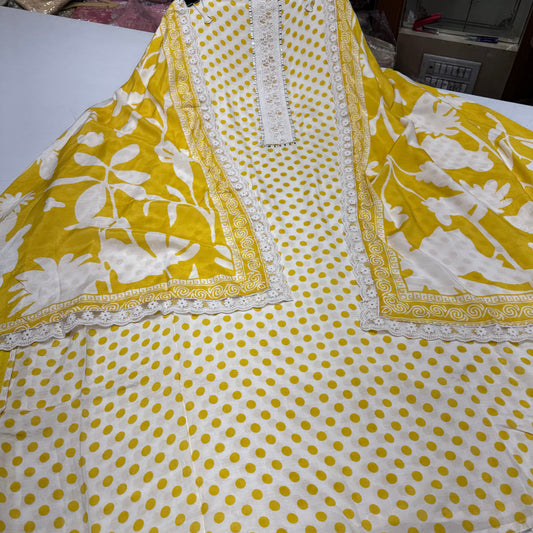 Cream yellow polka dots muslic cotton suit set