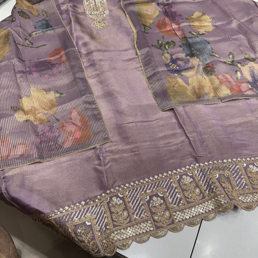 Luxury Pure Tissue Silk Suit with Sequin & Zari Embroidered Neck & Ghera | Banarasi Tissue Printed Dupatta | 2.5m Silk Bottom