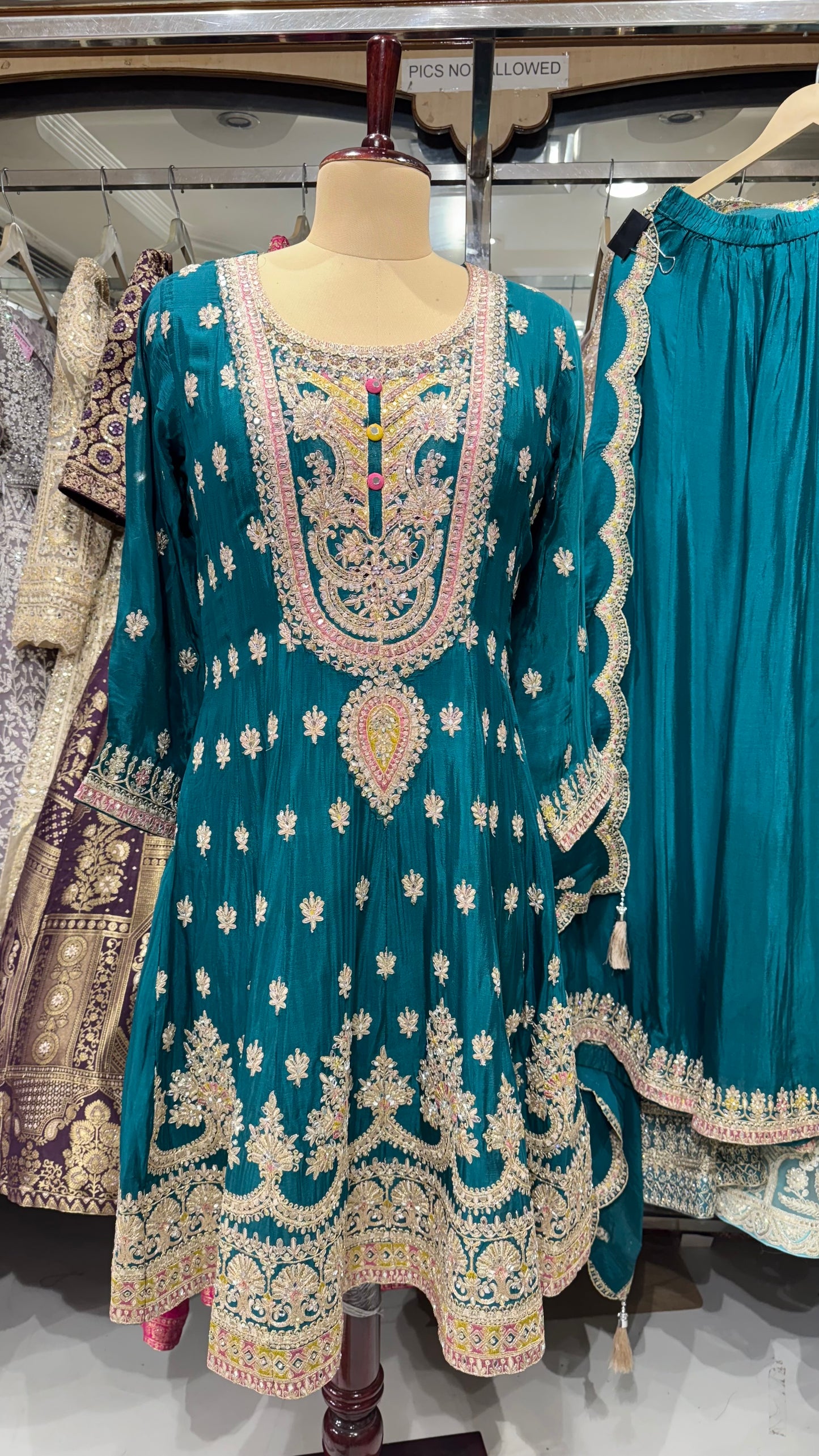 Teal Anarkali Suit with Heavy Embroidery, Sharara Pants & Dupatta – Designer Indian Ethnic Wear for Weddings & Parties