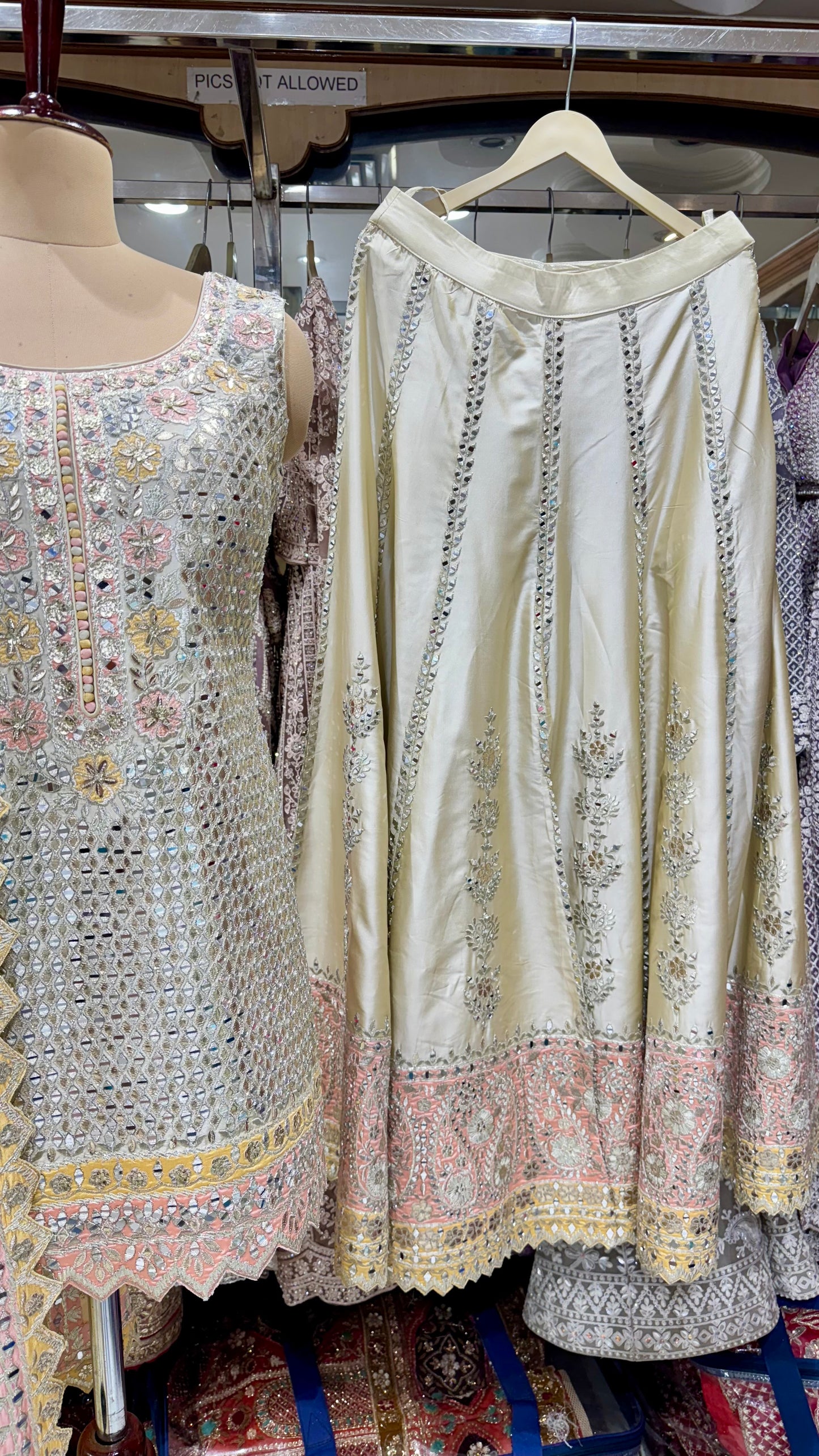 Pastel Mirror & Gotta Hand Embroidered Silk Sharara Suit – Readymade Free Size (Up to 42” Bust)