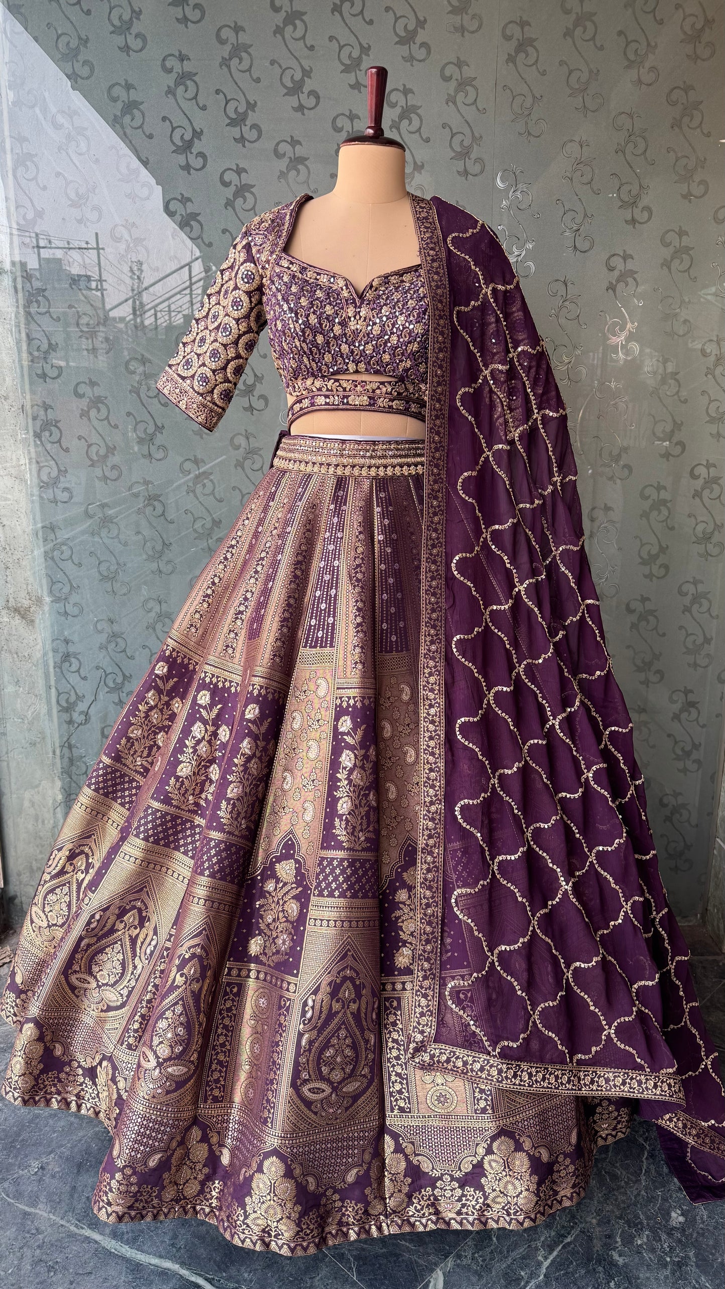 Royal Purple Embroidered Banarasi Lehenga Choli Set with Chiffon Dupatta