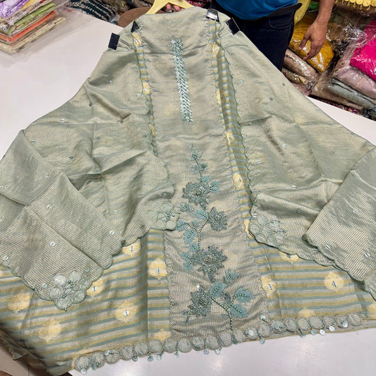 Elegant Lurex Tissue Unstitched Suit with Hand Embroidery & Silk Bottom