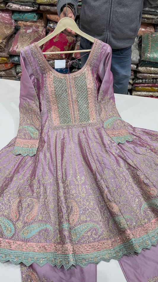 Pure Silk Zari Embroided Pakistani Anarkali with salwar