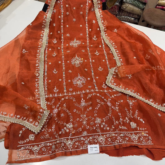 Premium Embroidered Glass Organza Suit Set with Four-Side Embellished Dupatta & Crepe Bottom