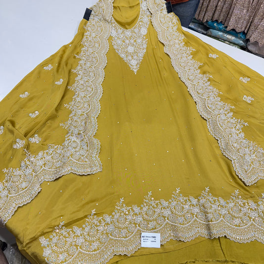 Hand Embroidered Straight Suit on Chinon Crepe with Four-Side Border Dupatta – Available in Mustard, Gold, Mauve & Sky Blue | Includes 2.5m Silk Bottom Fabric