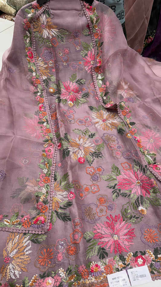 Luxury Designer Organza Kantha Embroidered Unstitched Suit with Dupatta & Crepe Bottom