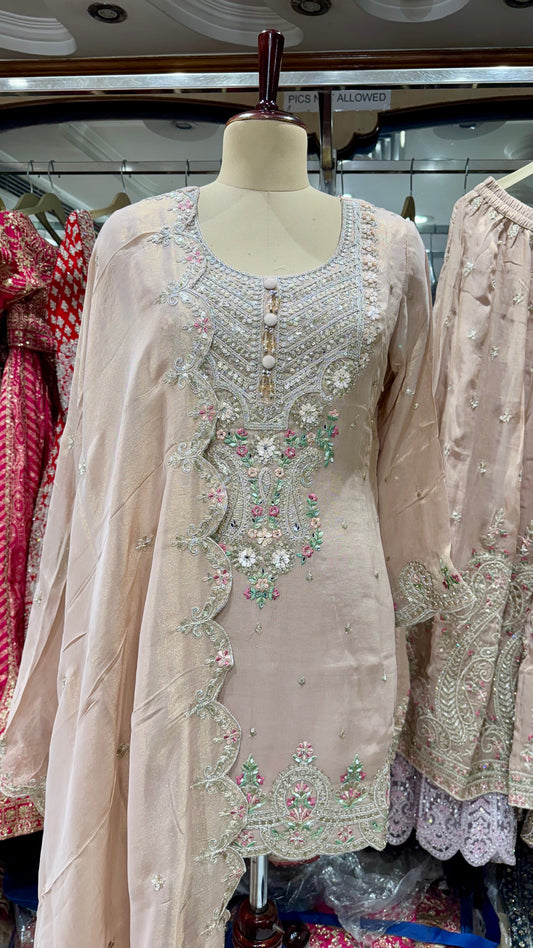 Elegant Readymade Pure Tissue Sharara Suit with Dupatta – Free Size (Up to 44” Bust)