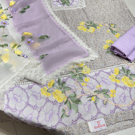 Designer Muslin pakistani suit set with orgenza dupatta