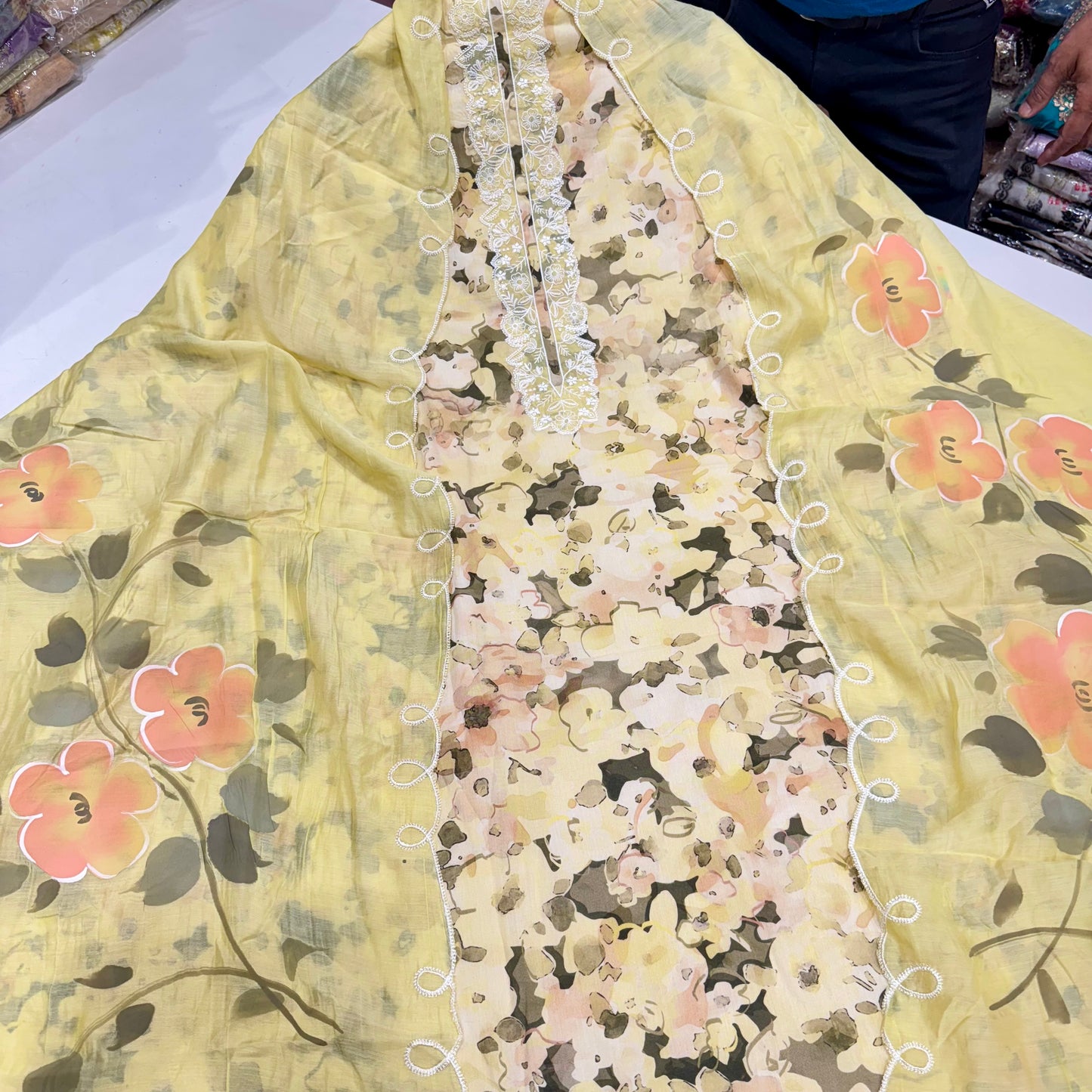 Elegant Pure Cotton Suit with Embroidered Neck & Cutwork Ghera | Hand-Painted Cotton Dupatta Set