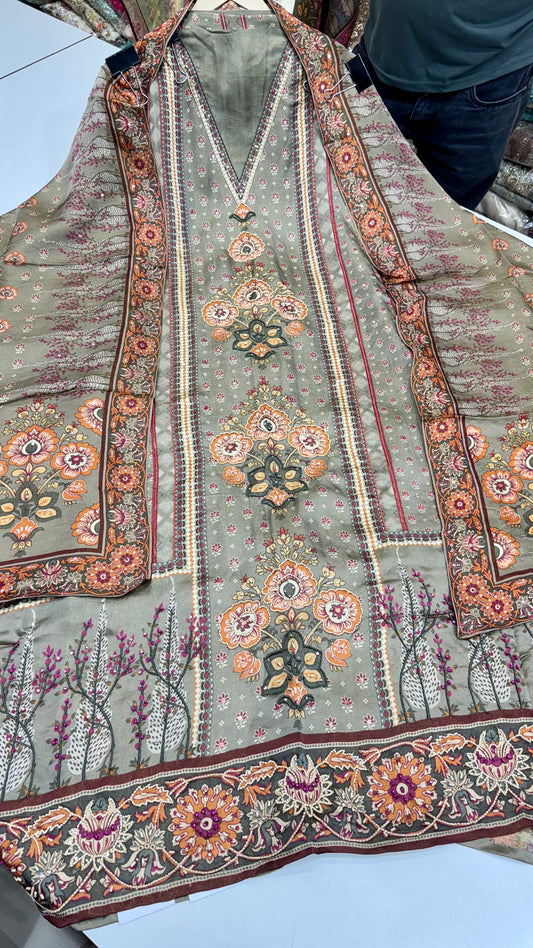 Elegant Satin Silk Unstitched Suit with Printed Dupatta & Hand-Embroidered Pearl Work