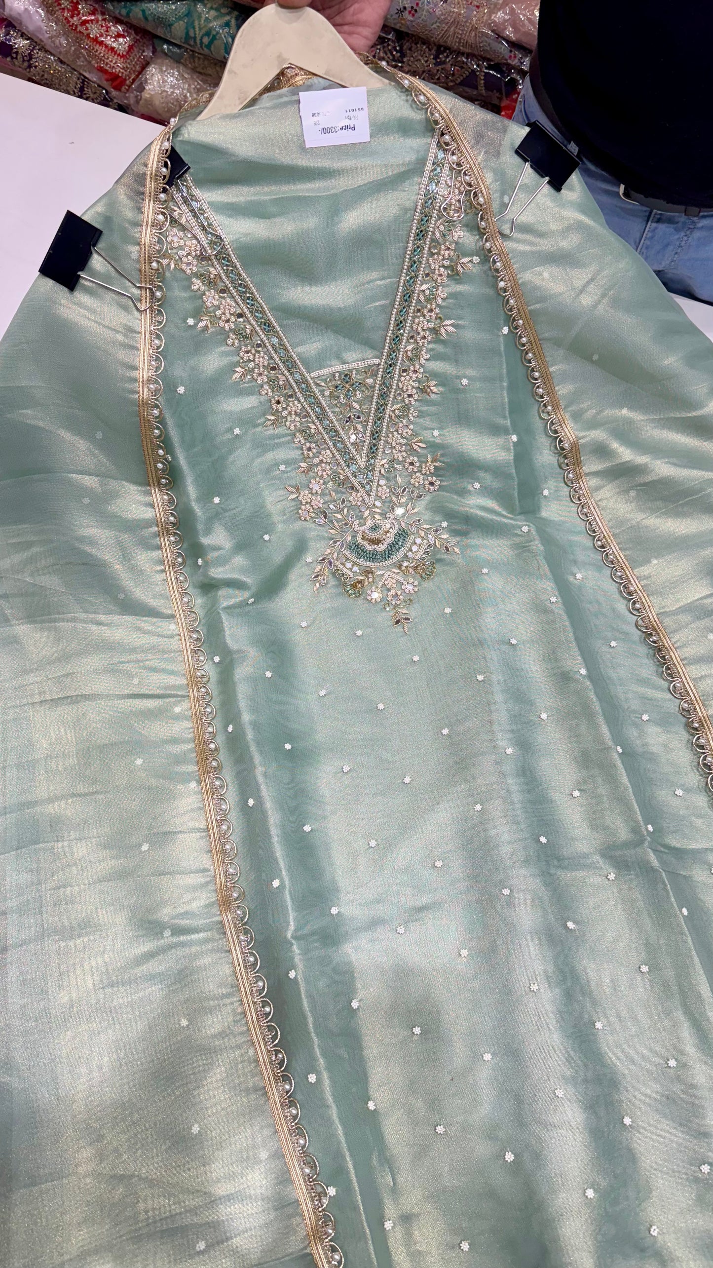 Elegant Burbery Tissue Unstitched Suit with Zardozi & Pearl Embellishments