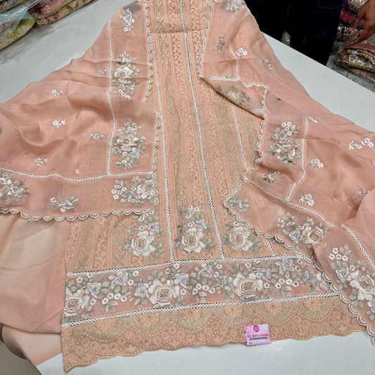 Luxury Unstitched Pure Georgette Lakhnavi Suit with Lace Embroidery & Organza Embroidered Dupatta