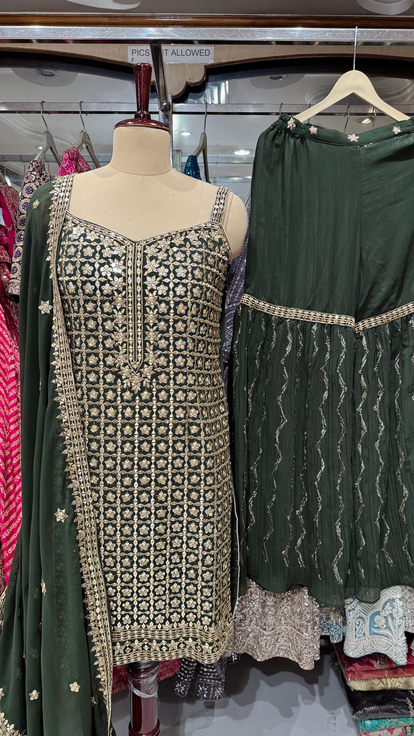 Trendy Green Georgette Sequin Work Gharara Suit with Matching Dupatta