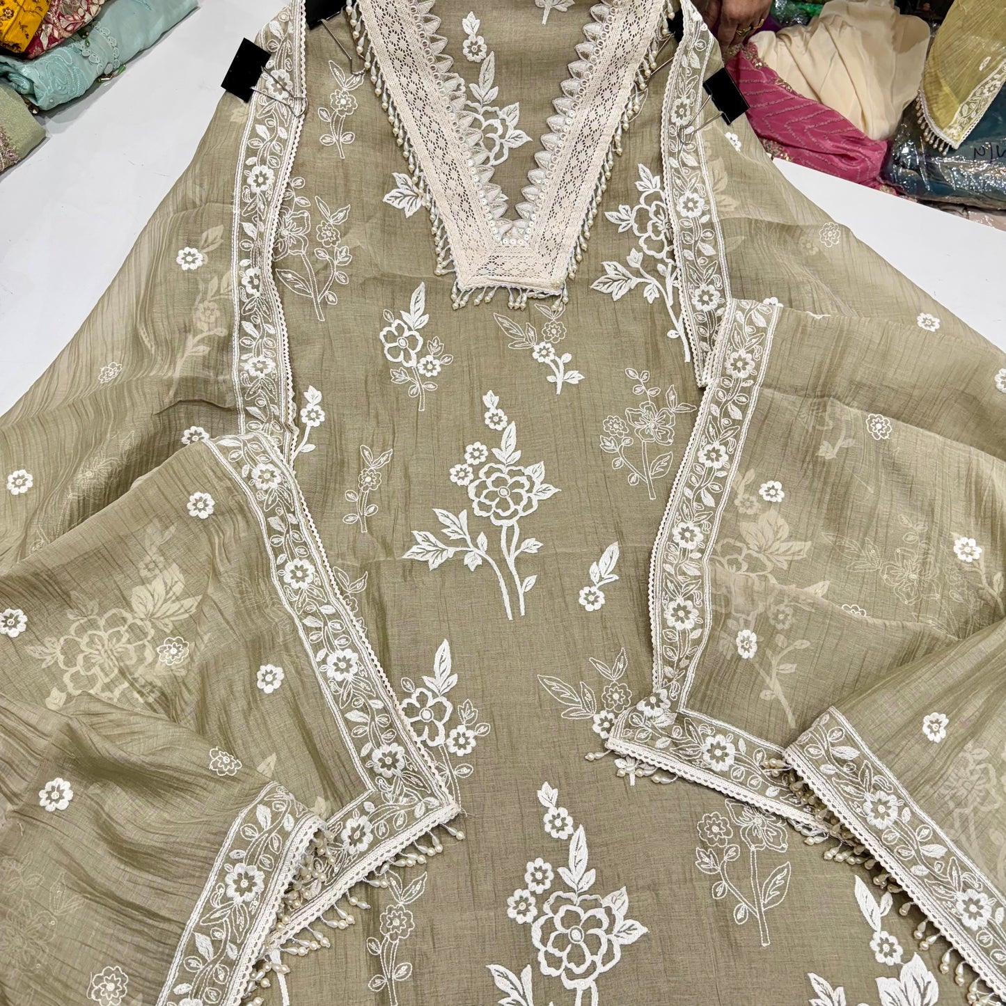 Elegant Unstitched Pure Mulmul Cotton Suit with Delicate Lace Neck, Kalamkari Threadwork, and Matching Cotton Bottom