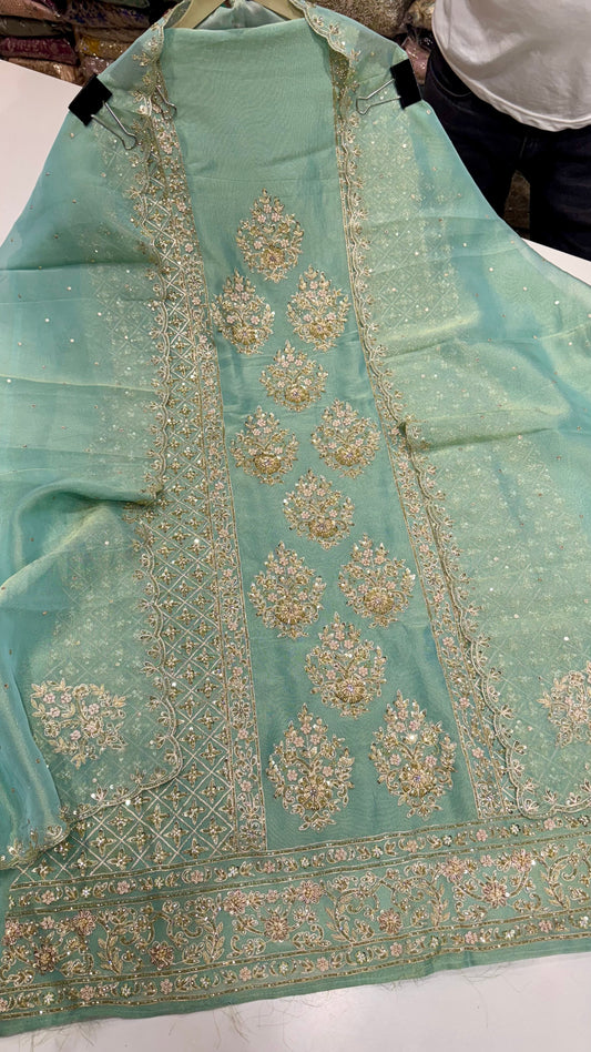 Luxury Shimmer Tissue Unstitched Suit with Zardozi, Pearls & Dabka Embroidery