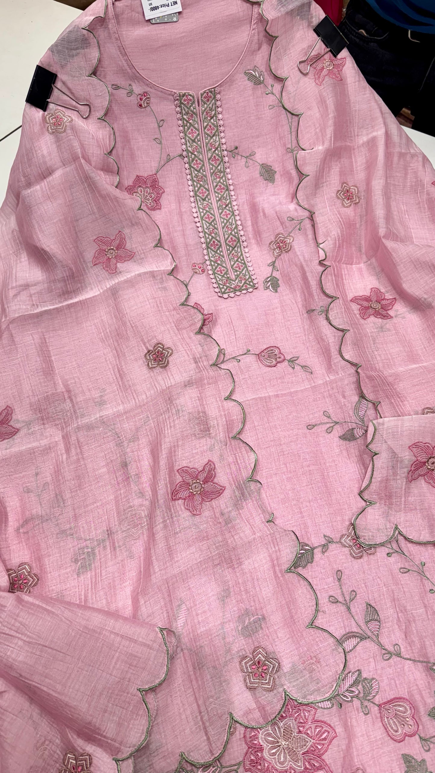 Unstitched Pure Mulmul Thread Embroidered Suit with Designer Cutwork Dupatta & Soft Silk Bottom