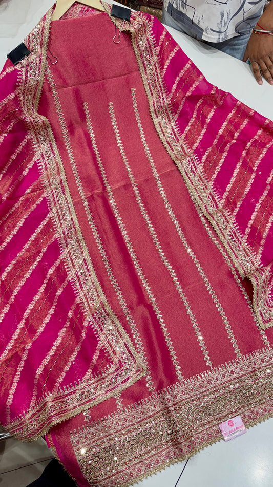 Designer Shimmer Tissue Unstitched Suit with Zardozi, Sequins & Nalki Work