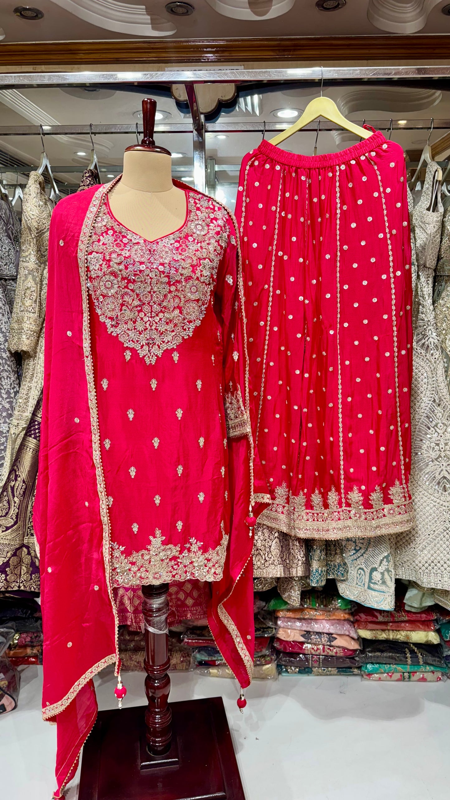 Chinon Crepe Readymade Sharara Suit with Zari & Sequin Embroidery