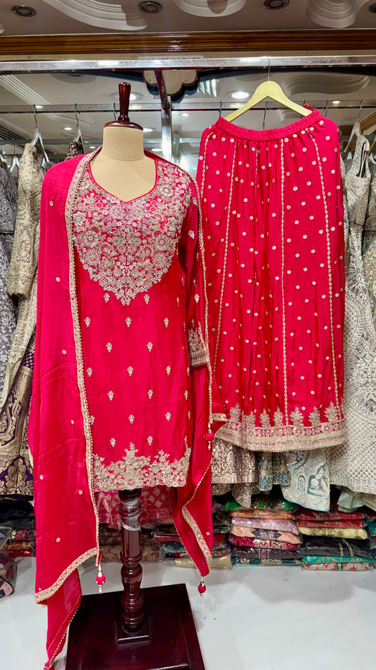Chinon Crepe Readymade Sharara Suit with Zari & Sequin Embroidery