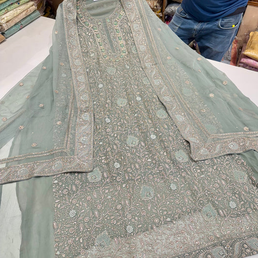 ✨Pure Georgett Lakhnavi jaal hand embroided Suit Set