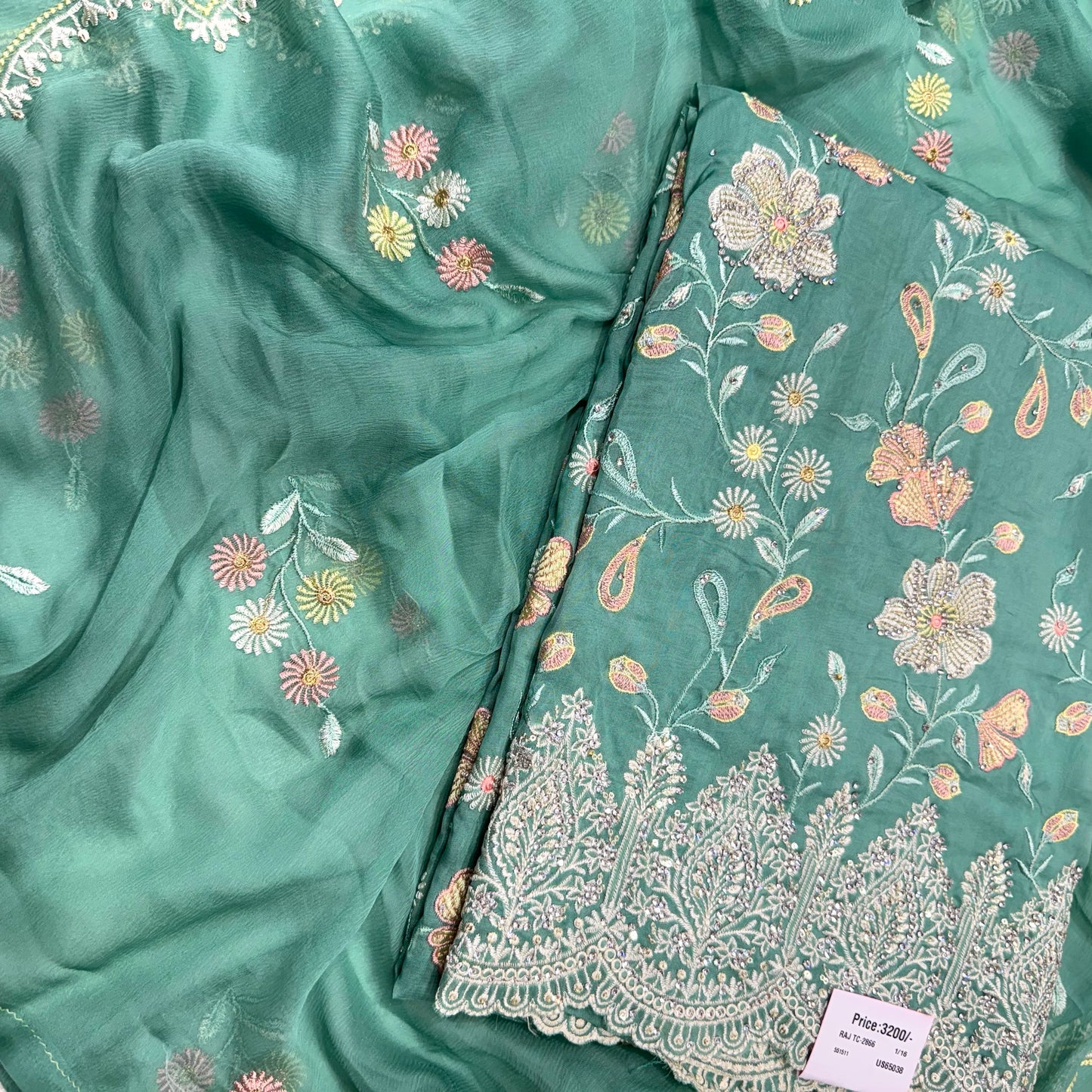 Multicolor Thread work Orgenza Suit set with chiffon dupatta