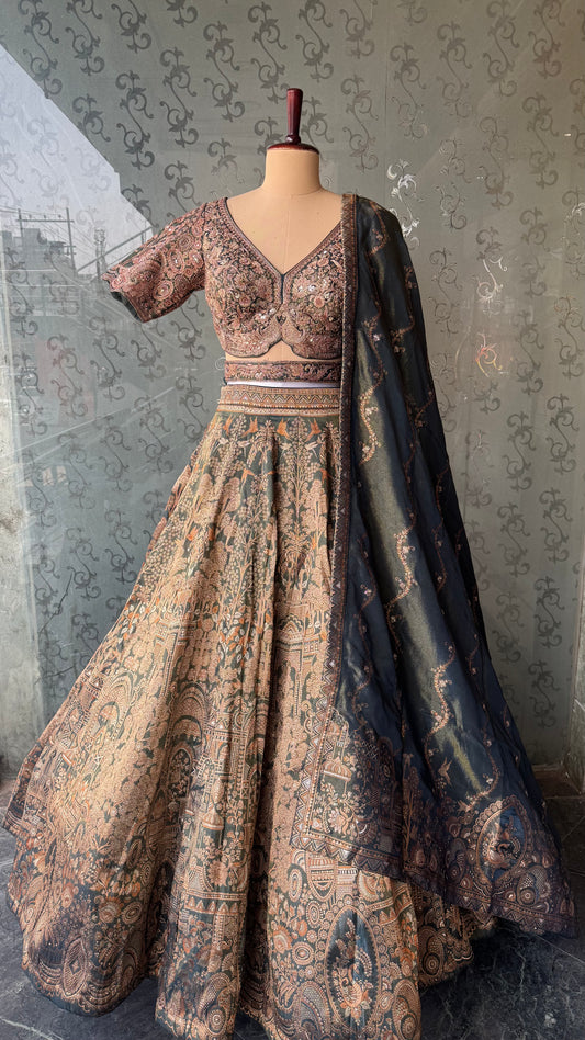 Regal Antique Zari Embroidered Silk Lehenga with Intricate Floral Motifs and Dupatta