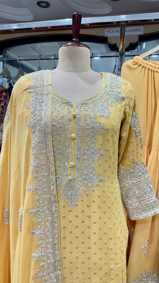 Graceful Pure Mysore Georgette Zari & Sequin Embroidered Readymade Gharara Suit – Free Size (Up to 44” Bust)