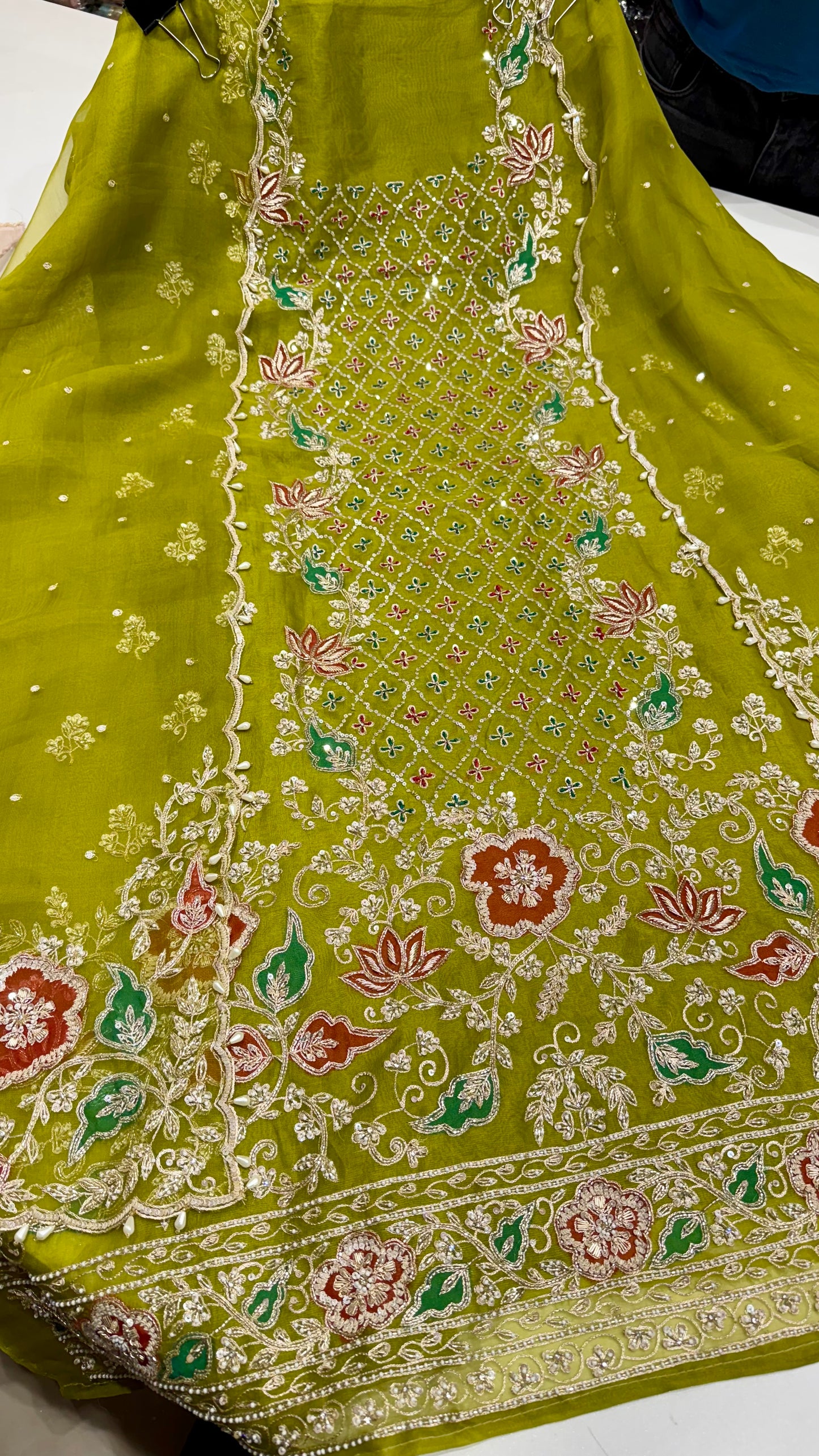 Olive Green Pure Organza Unstitched Suit with Multicolor Zardozi Hand Embroidery