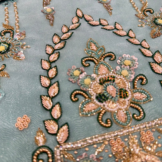 Luxury Hand Embroidered Dabka Work Pure Glass Organza Suit with Hand Embroidered Dupatta & Pure Crepe Bottom