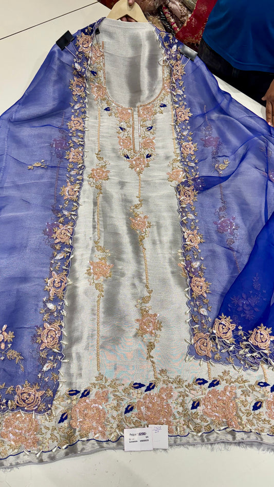 Luxury Hand-Embroidered Unstitched Shimmer Tissue Suit with Organza Dupatta