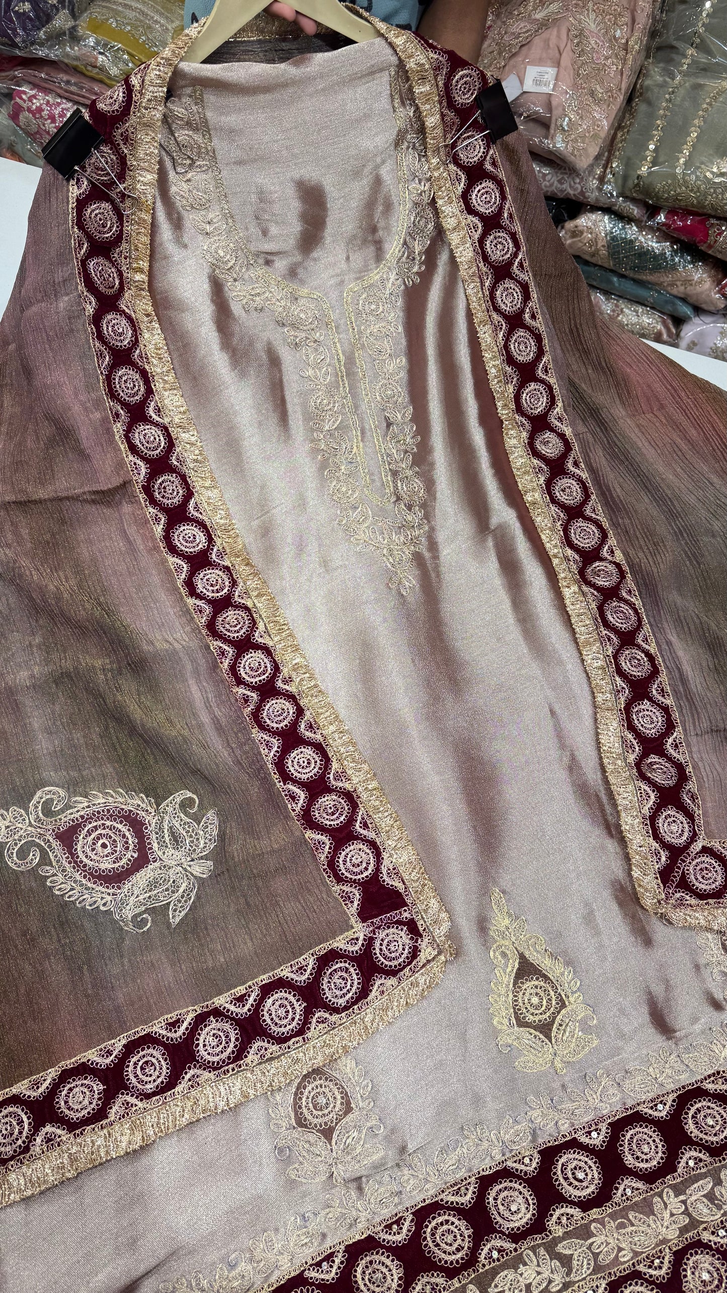 Designer Shimmer tissue welvet embroidery suit