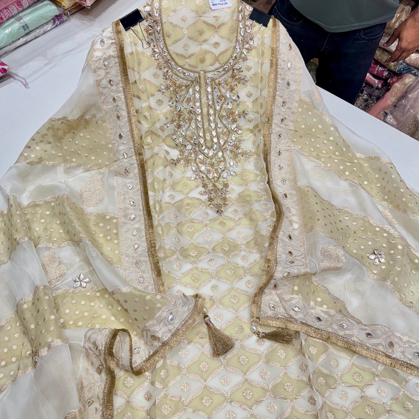 Luxury Banarasi Tissue Unstitched Suit Set – Gota Patti Glam with Statement Dupatta & Silk Bottom (2.5m)