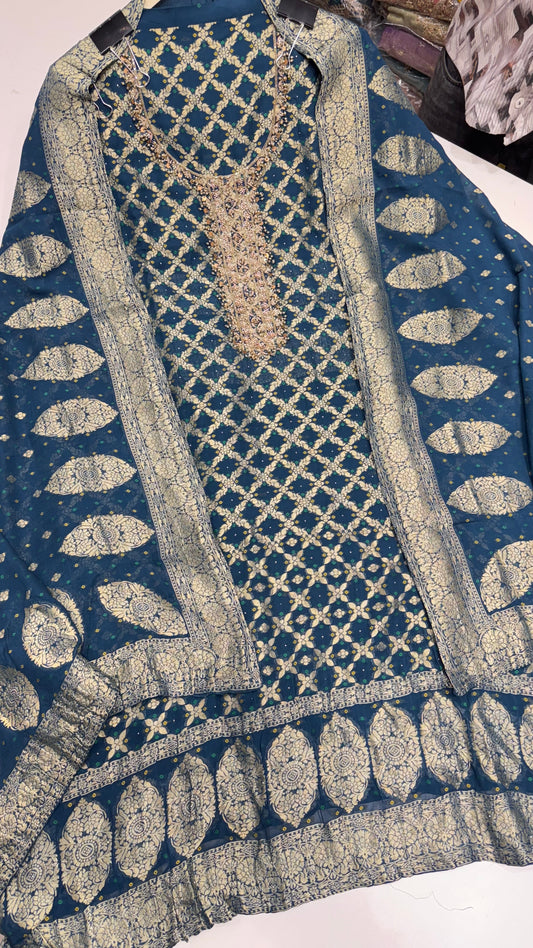 Designer Pure Mysore Georgette Hand Embroidered Unstitched Suit