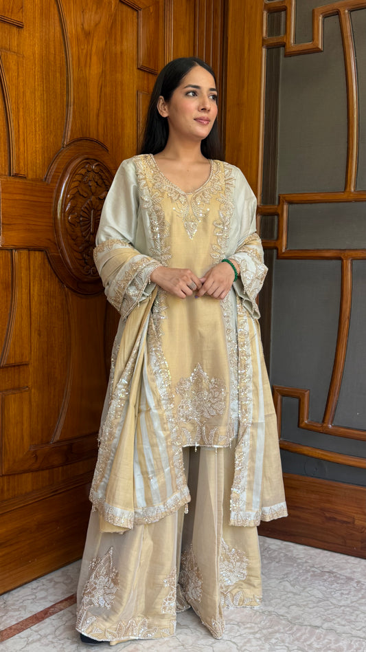 Luxury Pure Tissue Choga Style Sharara Suit with Hand Embroidery | Designer Readymade Party Wear Sharara Set